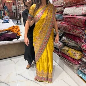 Naavya Yellow Floral Border Pre-Draped Saree with Pink & Green Accents